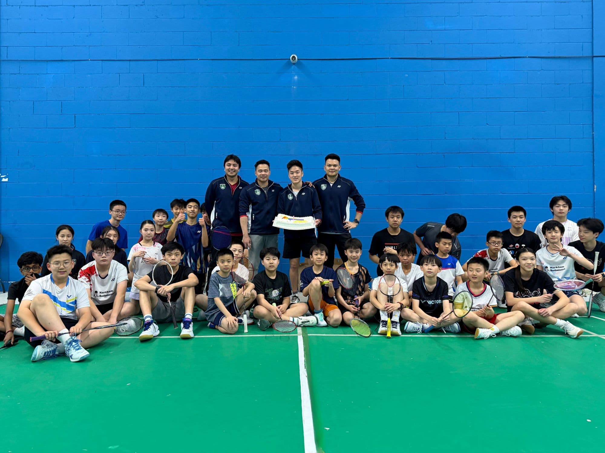 Sunday Ladder group photo with Coach Frankie birthday celebration at Markham Badminton Club